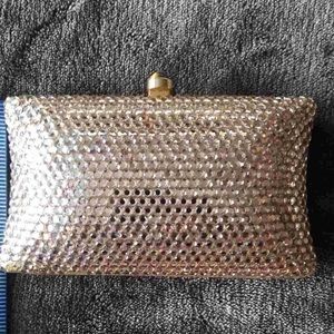 Landau new mini gold Swarovski crystals evening bag w/ detachable chained strap.